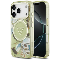 iPhone 17 Pro Guess - IML Metal Glitter Flowers Triangle MagSafe (GUHMP17LHFLPEDN) - Zöld tok