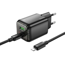 Hálózati töltő Hoco N52, 20W, 3A, 1 x USB-A - 1 x USB-C, Lightning kábel, fekete