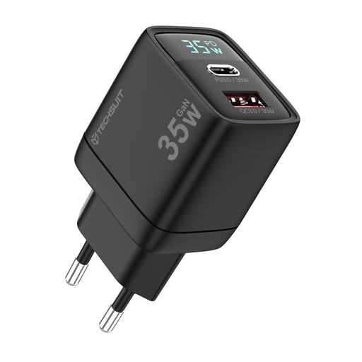  Fali Töltő Techsuit LEDChargX (CH3) - Type-C, USB, GaN Technology, Gyors Töltés, LED Kijelző, PD35W - Fekete