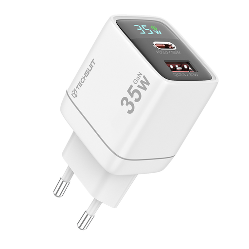  Fali töltő Techsuit - LEDChargX (CH3) - Type-C, USB, GaN Technológia, Gyors töltés, LED kijelző, PD35W - Fehér