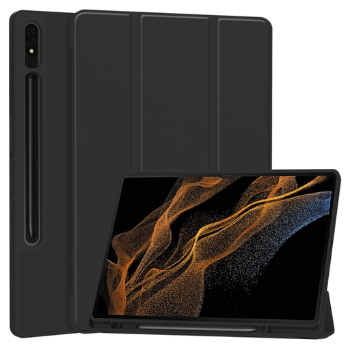 Samsung Galaxy Tab S8 Ultra Fekete Techsuit - Flex Trifold (Pencil Holderrel) tok Samsung Galaxy Tab S8 Ultra Fekete Techsuit - Flex Trifold (Pencil Holderrel) tok