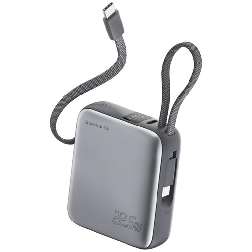4smarts Pocket Dual Cord powerbank 10000mAh 22.5W beépített USB-C kábel 15 cm szürke