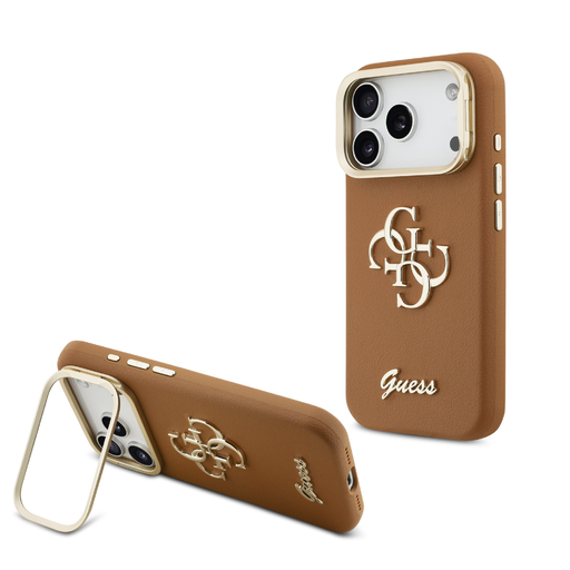 Guess PU Grained 4G Logo Stand Camera Frame tok iPhone 17 Pro Barna