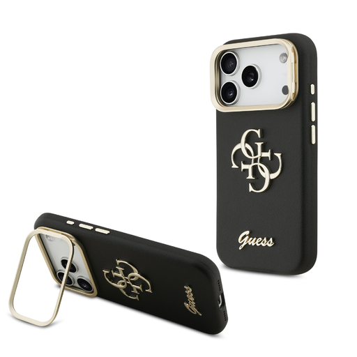 Guess PU Grained 4G Logo Stand Camera Frame tok iPhone 17 Pro fekete