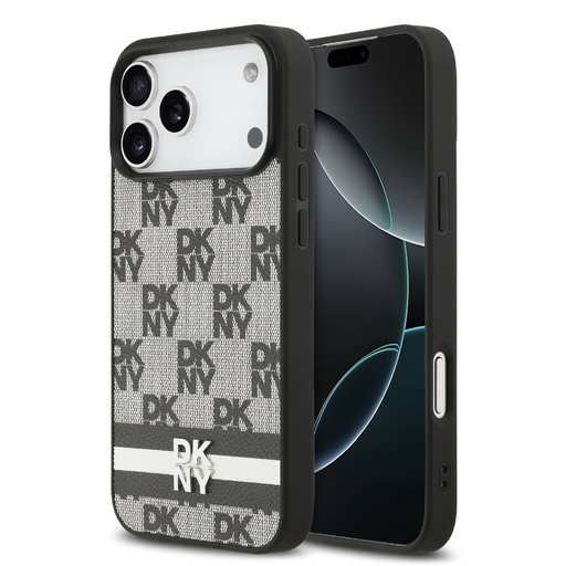 DKNY PU bőr kockás minta és csíkos tok iPhone 17 Pro Max fekete tok DKNY PU bőr kockás minta és csíkos tok iPhone 17 Pro Max fekete tok