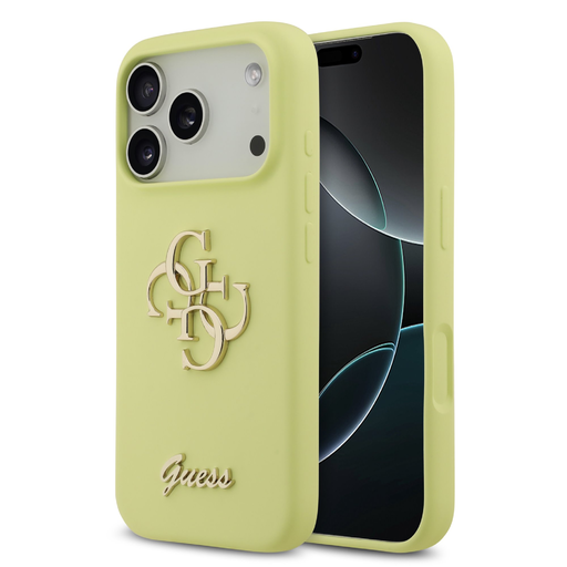 Guess Liquid Silicone 4G Metal Logo tok iPhone 17 Pro sárga tok