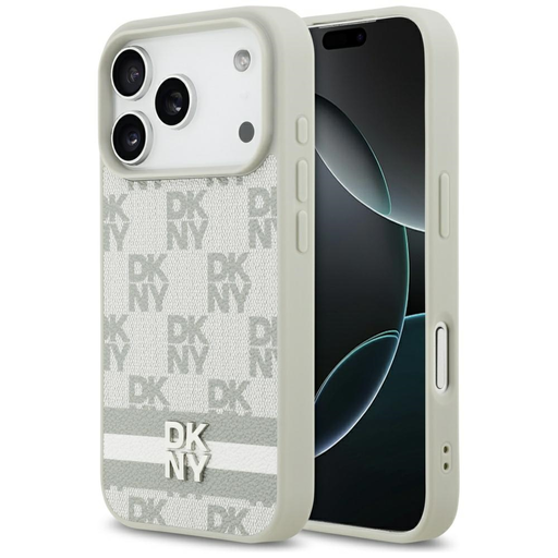 iPhone 17 Pro Bézs DKNY kockás mintás tok nyomtatott csíkokkal iPhone 17 Pro Bézs DKNY kockás mintás tok nyomtatott csíkokkal