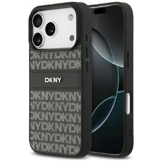  iPhone 17 Pro Fekete DKNY ismétlődő textúramintás tok árnyalatos csíkkal tok