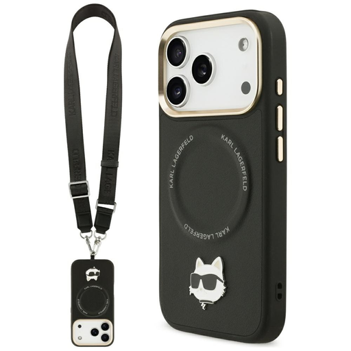  iPhone 17 Pro Karl Lagerfeld Choupette Metal Logo Big Strap MagSafe fekete tok