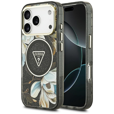 iPhone 17 Pro fekete Guess IML Glitter Flowers Triangle MagSafe tok