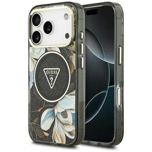  iPhone 17 Pro fekete Guess IML Glitter Flowers Triangle MagSafe tok