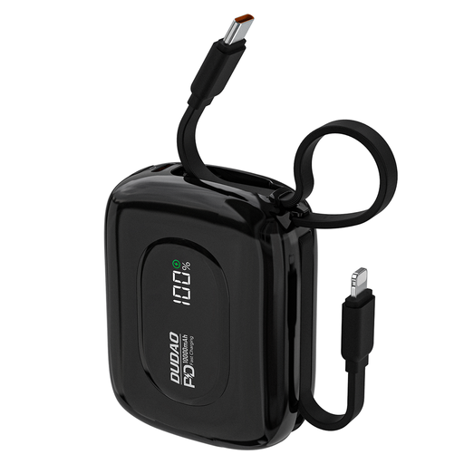Dudao K32 10000 mAh powerbank beépített USB-C/Lightning kábellel - fekete Dudao K32 10000 mAh powerbank beépített USB-C/Lightning kábellel - fekete
