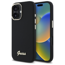 iPhone 16 fekete kemény tok Guess Silicone Script Metal Logo & Frame