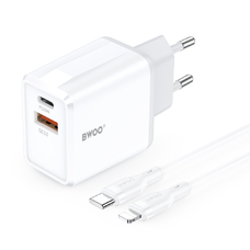 BWOO hálózati töltő CDA182 QC 38W 1x USB-A + 1x USB-C USB-C-ről Lightning kábel 1 m fekete