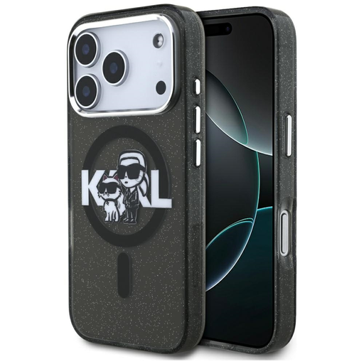 iPhone 17 Pro Karl Lagerfeld - IML Glitter Karl & Choupette Sketch Logo MagSafe (KLHMP17LHGKCGKBK) - Fekete tok