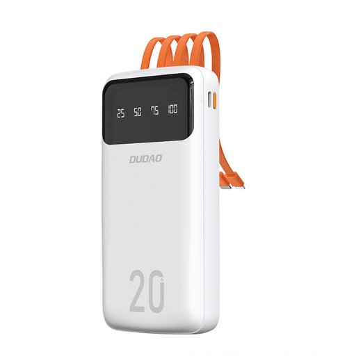 Dudao nagy kapacitású powerbank 3 beépített kábellel 20000mAh USB Type C + micro USB + Lightning fehér (Dudao K6Pro +) Dudao nagy kapacitású powerbank 3 beépített kábellel 20000mAh USB Type C + micro USB + Lightning fehér (Dudao K6Pro +)