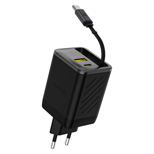 Dudao A67EU GaN 67W fali töltő beépített visszahúzható USB-C Power Delivery gyors töltő kábellel - Fekete Dudao A67EU GaN 67W fali töltő beépített visszahúzható USB-C Power Delivery gyors töltő kábellel - Fekete