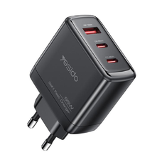 Yesido Fali Töltő (YC144) - 2x Type-C, 1x USB-A, 65W, GaN Technológia, Gyors Töltés - Fekete