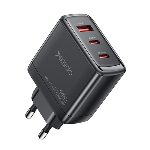 Yesido Fali Töltő (YC144) - 2x Type-C, 1x USB-A, 65W, GaN Technológia, Gyors Töltés - Fekete
