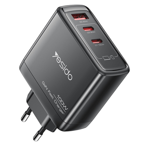 Yesido Wall Charger YC142 GaN gyors töltő 3 az 1-ben telefonhoz, laptophoz, tablethez, USB, 2x Type-C, 100W fekete