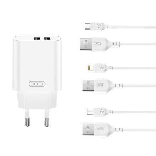 XO fali töltő CE34 2x USB 2,4A fehér + USB-C kábel