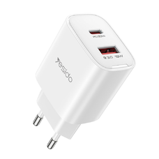 Yesido - Fali töltő (YC02E) - Gyors töltés, USB, Type-C, PD20W, QC18W - Fehér