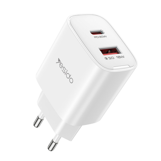 Yesido - Fali töltő (YC02E) - Gyors töltés, USB, Type-C, PD20W, QC18W - Fehér