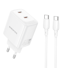 Borofone Wall charger BN31 Cargador GaN - 2xType C - QC 3.0 PD 45W with Type C to Type C cable white