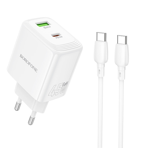Borofone fali töltő BN30 Cargador GaN - USB + Type C - QC 3.0 PD 45W Type C to Type C kábellel fehér