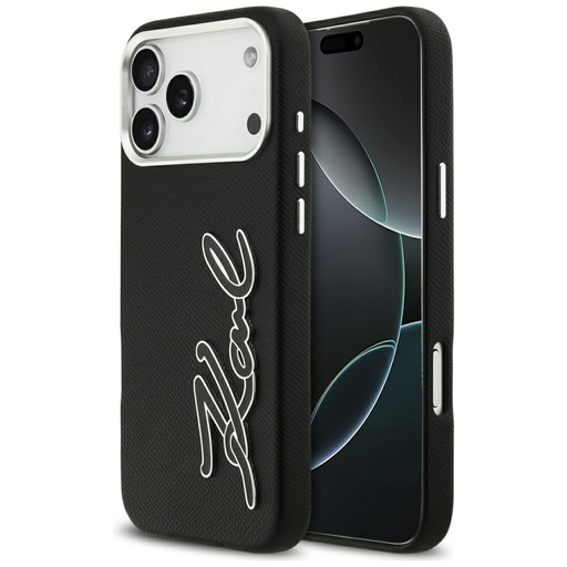 iPhone 17 Pro Max Karl Lagerfeld FW Grained Signature Logo fekete tok