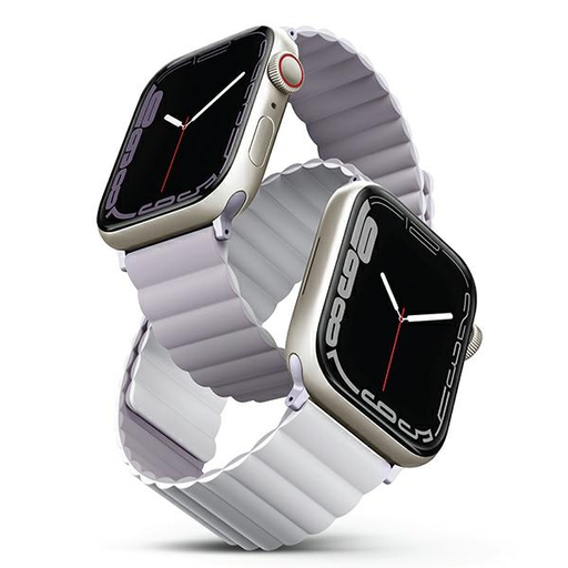 Apple Watch 1/2/3/4/5/6/7/8/9/SE/SE2/SE3 38/40/41 mm UNIQ Revix Kétoldalas Mágneses szíj lila-fehér
