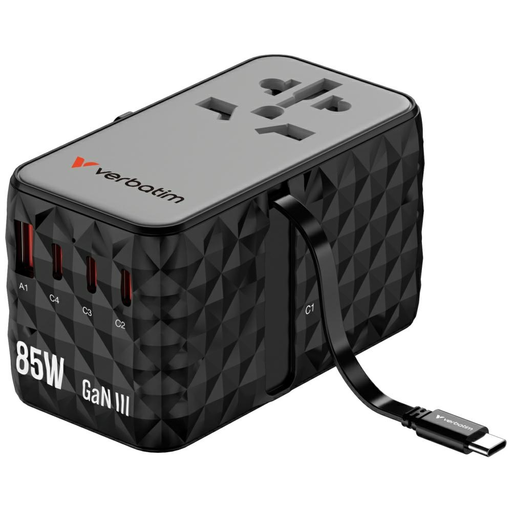Verbatim EU/UK/US GaN USB-A/3xUSB-C PD 85W CNT-02 fekete utazó adapter