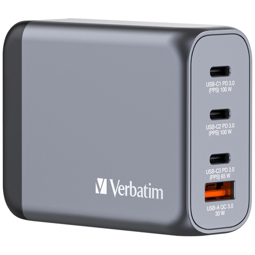 Verbatim 100W GaN fali töltő 3xUSB-C/USB-A + EU/UK/US adapter - Fekete