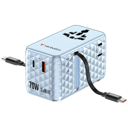 Verbatim Travel Adapter EU/UK/US GaN 1xUSB-C/1xUSB-A/2xUSB-C PD 70W kék 30187