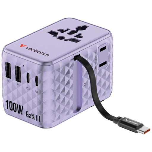 Univerzális utazóadapter EU/UK/US GaN 2xUSB-C/2xUSB-A/1xUSB-C PD 100W lila