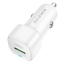 Autós töltő Borofone Cloud (BZ34B) - Type-C + USB-A, PD20W, QC3.0, Két portos, 38W, ABS - Fehér