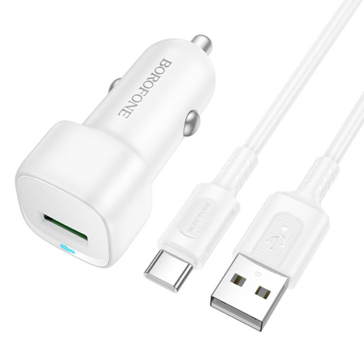 Borofone - Cloud autós töltő (BZ34) - USB-A/C kábel mellékelve, Egy portos USB-A, 18W (QC/FCP/AFC), ABS, 12-24V DC-hez - Fehér