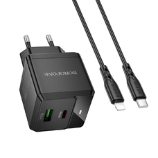 Borofone - Fali Töltő Intenso (BN19) - Type-C Lightning Kábel Tartalmazva, Dupla Port, USB + Type-C, PD20W, QC3.0, 5V/3A - Fekete