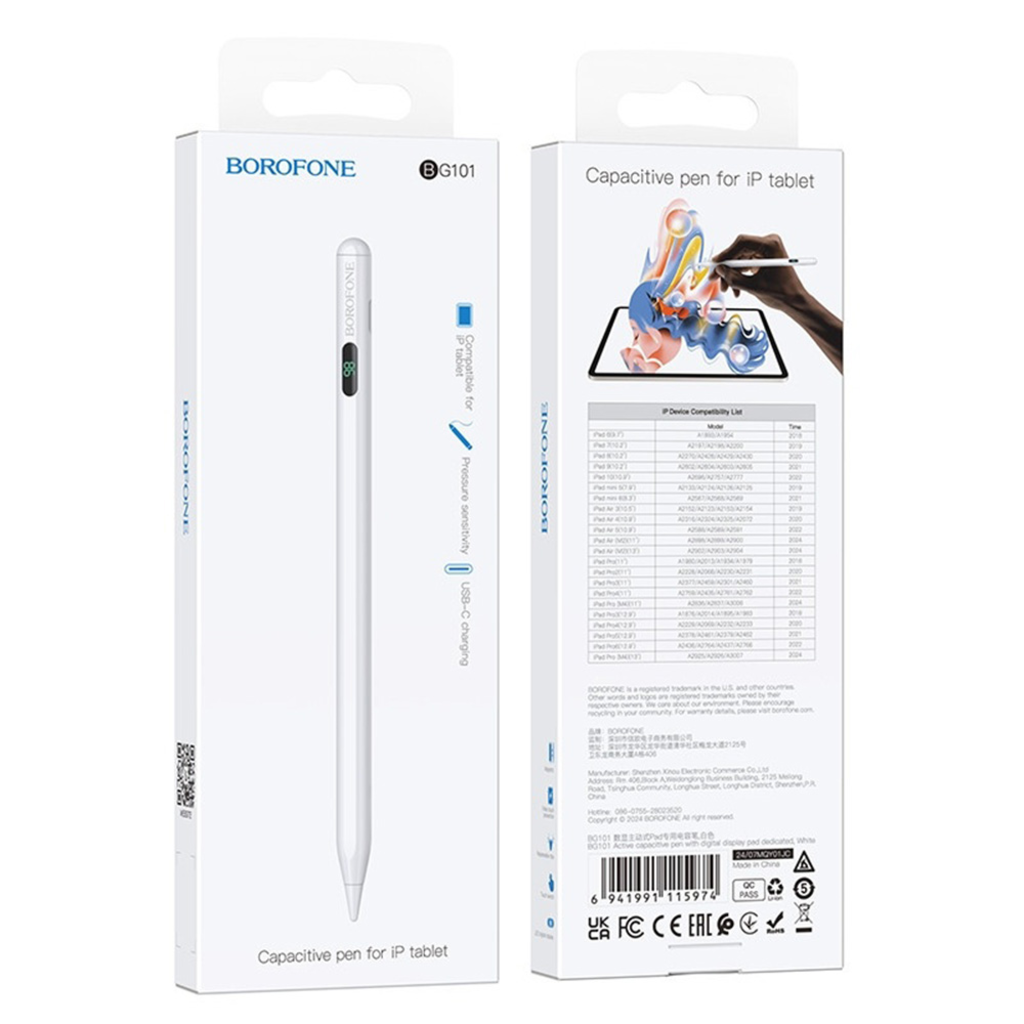 iPad Fehér Borofone Active Capacitive Stylus Pen (BG101) digitális kijelzővel, 130mAh, Type-C, Alumínium ötvözet stylus toll - 4
