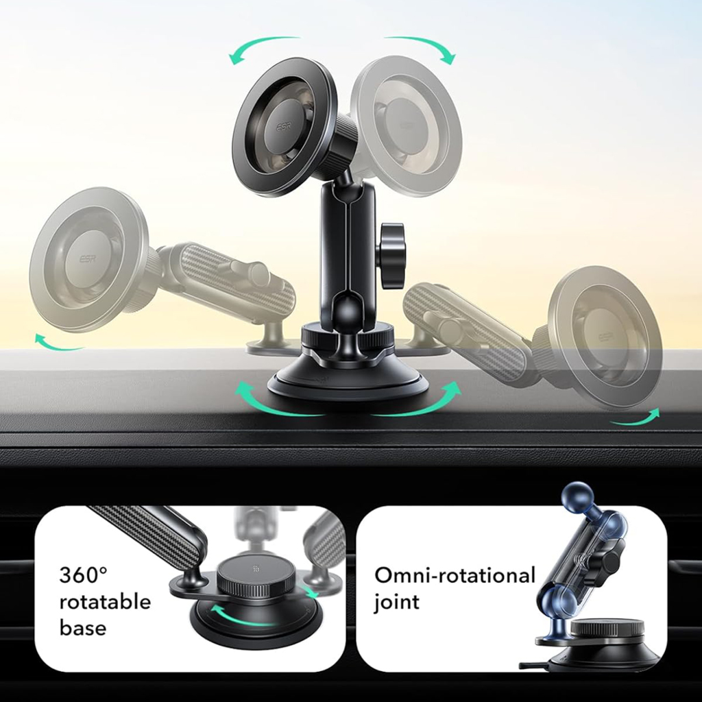 ESR Autós tartó OmniLock (2B5240162) - Műszerfalra, 360°, Mágneses, Rugalmas gömbcsuklós kar, Alumínium - Fekete/Karbon szálas - 6