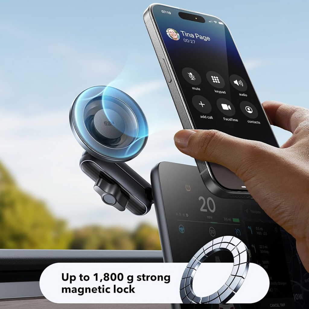 ESR Autós tartó OmniLock (2B5240162) - Műszerfalra, 360°, Mágneses, Rugalmas gömbcsuklós kar, Alumínium - Fekete/Karbon szálas - 9