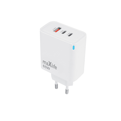 Maxlife MXTC-09-65ACC GaN PD QC töltő 2x USB-C 1x USB 65W fehér