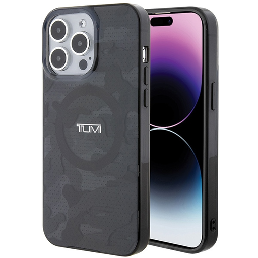 iPhone 15 Pro szürke keménytok álcázott mintával és MagSafe kompatibilitással tok