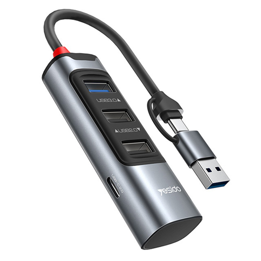 Yesido - Dokkoló állomás 4 az 1-ben (HB19) - USB, Type-C 3x USB-hez, USB-C, PD100W, Gyors töltés, Plug & Play, 5Gbps - Szürke