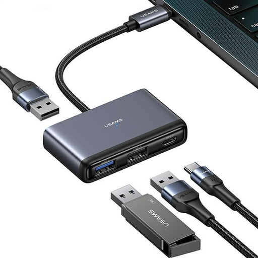USAMS Adapter HUB 4 az 1-ben 2xUSB 2.0/USB 3.0/USB-C szürke/sötétszürke SJ627HUB01 (US-SJ627)