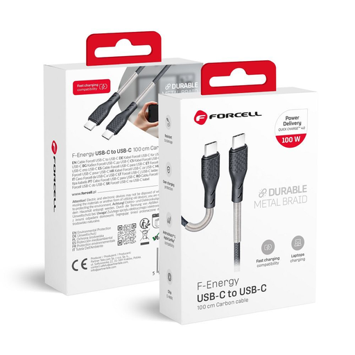 Forcell F-Energy USB-C – USB-C kábel, QC4.0 PD, 5A / 100W, 1m, fekete (CB-04C) rugalmas nyakkal