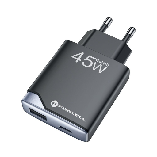 Forcell F-Energy Ultra Slim GaN III hálózati töltő, USB-C + USB-A, PD/QC4.0, 3A/45 W, fekete (B245202(1A1C))