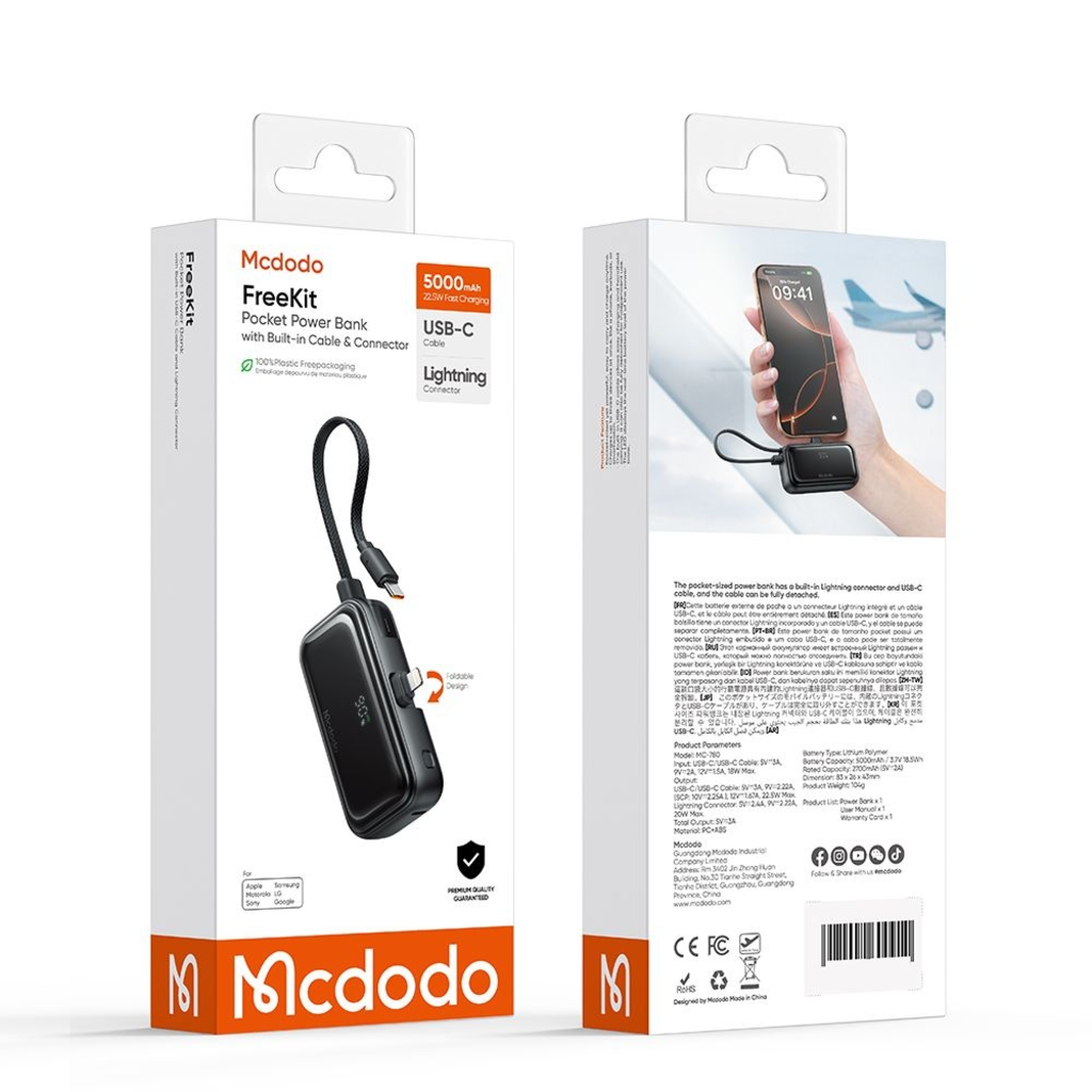 Mcdodo Power Bank FreeKit Series MC-7800 Beépített Kábellel és Lightning Csatlakozóval, 5000mAh, 22.5W - Fekete - 7