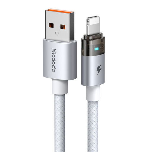Mcdodo CA-6912 Adatkábel fehér, USB-A - Lightning, töltési fényt adó átlátszó kábel, 1.2m