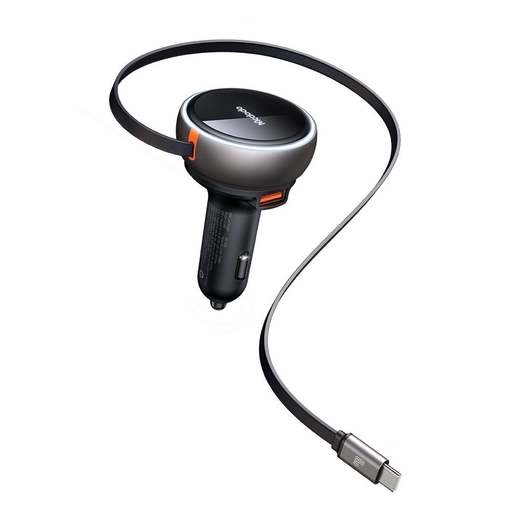 Mcdodo Autós Töltő (CC-4850) USB-C Visszahúzható Kábellel, 80W, Kettős Port, Jelzőfény Gyűrű, 80cm - Fekete